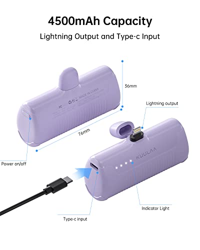 Kuulaa Portable Charger iPhone 4500mAh Mini Power Bank,Cute Battery Pack Backup Charger Travel Compatible with iPhone 14/13/12/11/XS/XR/Airpods (Purple)