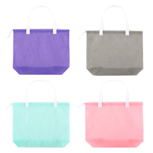 Image of Resuable 4Pack Shopping Mesh Tote Bags,Mesh Beach Bags With Drawsting For Kid's Toys,Travel,Picnic Or Laundry (white handle)