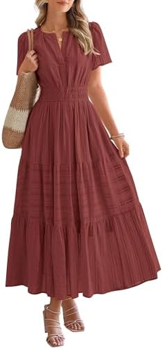 BTFBM Womens Summer 2025 Casual Midi Maxi Dresses Lightweight Short Sleeve V Neck Elastic Waist Boho Beach Dress Pockets