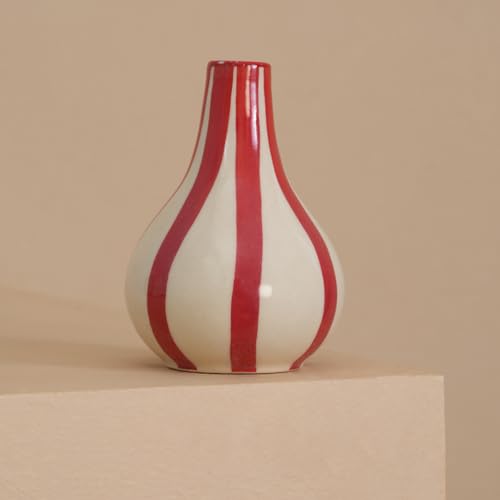 Image of PUREZENTO Orange & White Striped 'Tulip Bud' Ceramic Vase 6 Inch (Pack of 1) | Unique Modern Bud Vase for Dried Flowers & Pampas Grass | Vases for Modern Home Decor, Living Room & Office Decor Ideas