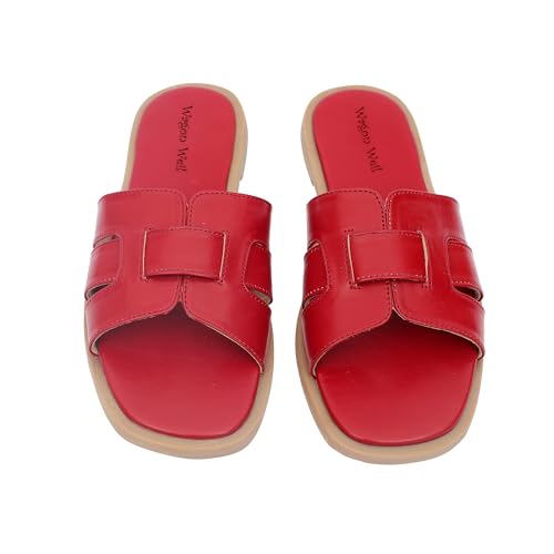 Wagon Weil Women Casual Open Toe Flats | Stylish Casual Flat Sandals | Comfortable Slip-On Design | for Office, Party, Travel and Summer Outfit (Cherry Red, UK Footwear Size System, Adult, Women, Numeric, Medium, 6)