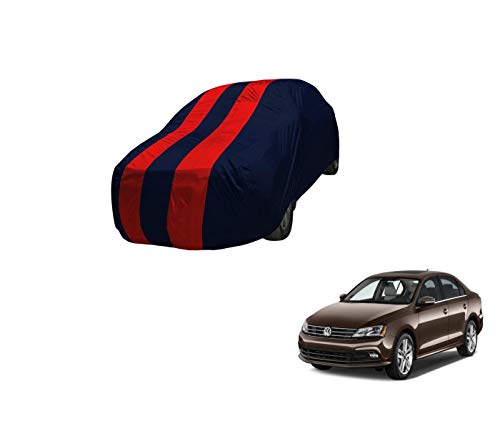 Image of Auto Hub Car Cover Compatible with Jetta with Mirror Pocket,Triple Stitched, Weather Proof, Jetta Car Cover- Navy-Red