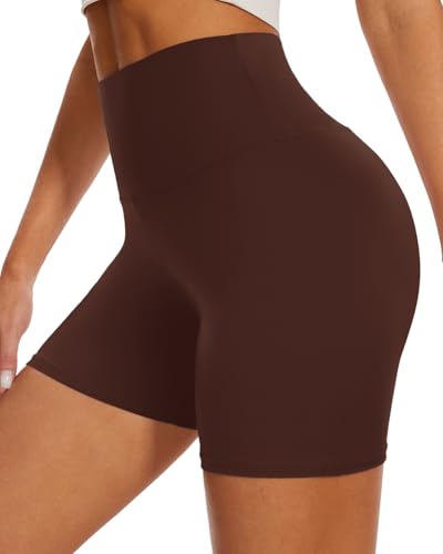DHSO High Waisted Biker Shorts for Women-5 Spandex Tummy Control Athletic Workout Running Yoga Gym Shorts(Brown L-XL)