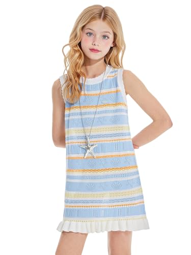 Girls Sleeveless Tank Dress, Blue Multicolor Striped Floral with Ruffle Hem Casual Summer Dress 6-16Y