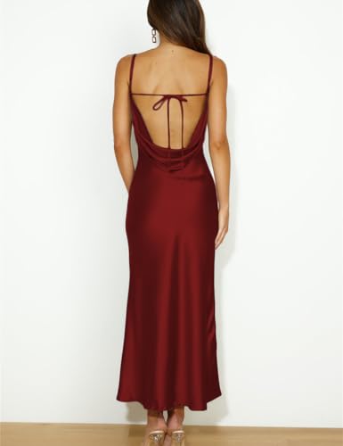 Image of Summer Satin Spaghetti Strap Cowl Neck Backless Midi Dresses for Women Elegant Tie Low Back Ruched Cocktail Dress