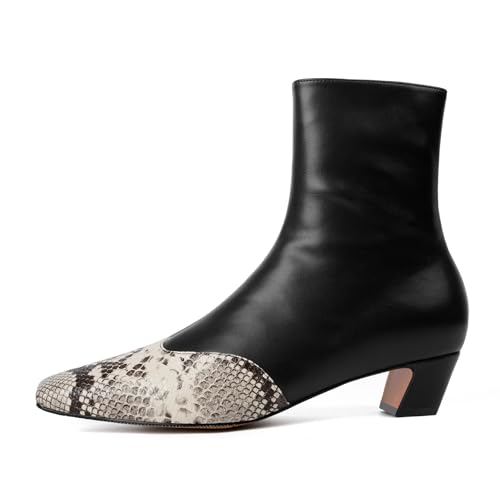 Vertundy Women's Ankle Boots Square Toe Booties Low Kitten Block Chunky Heel Snakeskin Patchwork Leather Chelsea Boots