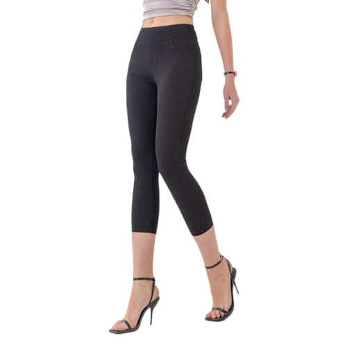 Image of Meufam Women Fashion Pull On Capri Jeans Stretchy Jean Capris High Waisted Denim Leggings Casual Pants with Pockets (Black,X-Large)