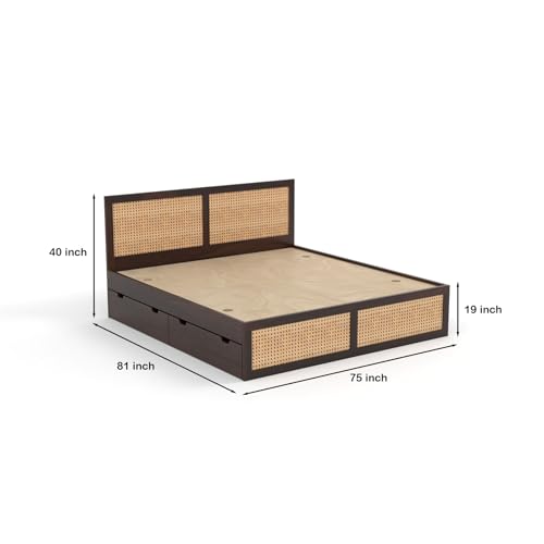 Image of Sheesham Wood Cane Bed with Drawer Storage for Bedroom | King Size Wooden Double Bed Palang with Rattan Headboard & Footboard (Walnut Finish)