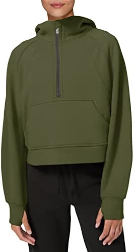 LASLULU Womens Athletic Hoodies Zipper Long Sleeve Crop Tops Oversized Winter Warm Sweater Fleece Lined Sweatshirt Workout Tops with Thumb Hole(Army Green Medium)