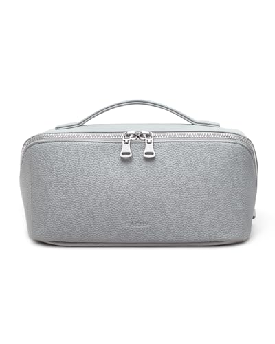 Image of EACHY Travel Makeup Bag, Lychee Large Capacity Cosmetic Bag for Women, Open Flat Toiletry Bag with TPU Brush Compartment, Waterproof Skincare Organizer Travel Essentials (AG-Cool Gray, Medium)