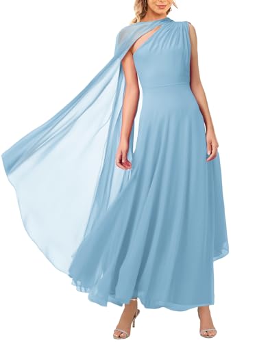 Image of Aisbei Women's Elegant One Shoulder A Line Flowy Maxi Dress Evening Gowns Party Formal Wedding Guest Dresses with Cape