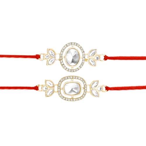 Image of Peora Rakhshabandhan Thread Rakhi for Brother Bhaiya | Kundan Beads & Crystal Studded | Combo Set of 2 | Rakhi Hamper Roli Chawal & Greeting Card