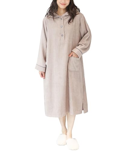 [ON NISHIKI] バスローブ レディース フード付き 綿100％ タオル生地 タオル地 肌に優しい 吸水 速乾 ワンピースタイプ かぶるだけ ポンチョ ルームウェア 部屋着 前開きボタン フリーサイズ