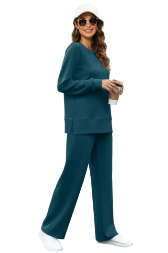 Image of OFEEFAN Women's 2 Piece Lounge Set Travel Airport Outfits Side Slit Tracksuit Wide Leg Loungewear Baggy Comfy Sweatsuit S-3XL
