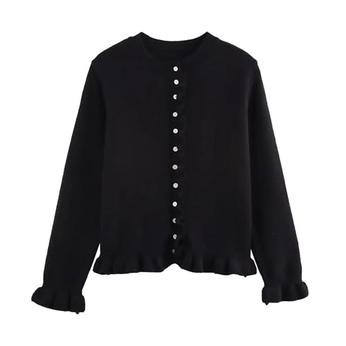 Image of FindThy Women's Cropped Cardigan Sweater Trendy Crewneck Ruffle Long Sleeve Button Down Knitwear Tops
