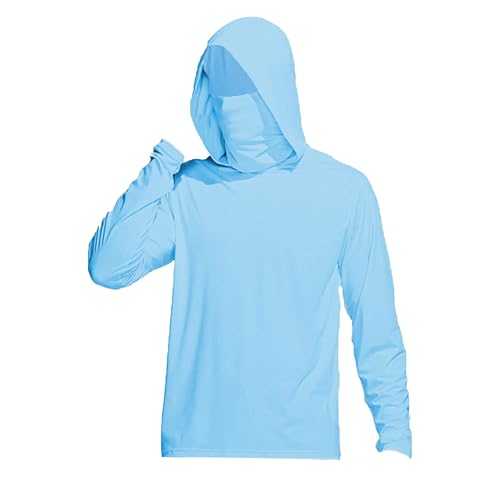 Men's UPF 50+ Sun Protection Hoodie Lightweight Long Sleeve Thumbholes SPF/UV Shirt Mask Workout Running Shirts (Light Blue,XX-Large)