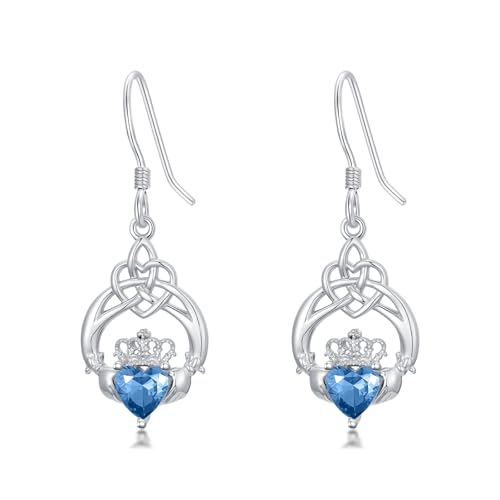Seiyang Celtic Claddagh Topaz Birthstone Earring 925 Sterling Silver Irish Claddagh Dangle Drop Earrings with December Birthstone Celtic Irish Lucky Jewelry Gifts for Women