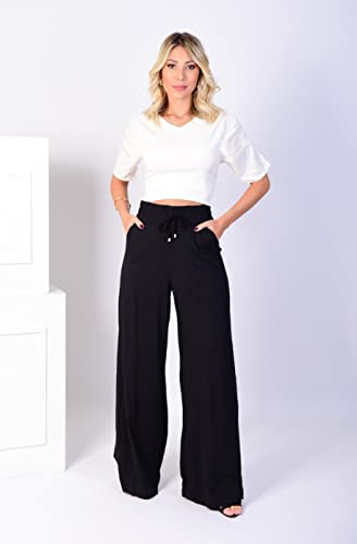 Calça pantalona cós largo de viscolinho (ref 01871) (GG, PRETO)