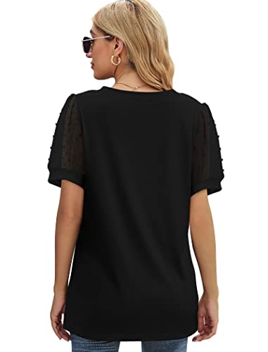 Image of Aokosor Womens Summer Tops V Neck T Shirts Swiss Dot Puff Sleeve Tops Loose Casual Tshirts