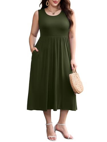 Image of LARACE Women's Plus Size Sleeveless Maxi Dress Casual Crew Neck Pleated Flowy Long Dresses with Pockets L-6XL