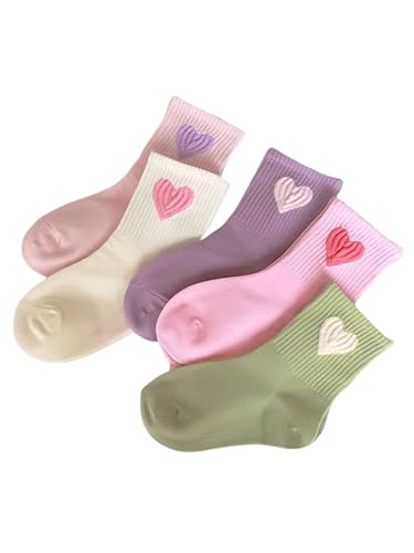 Girls 5 Pairs Crew Athletic Socks Cute Pink Sports Socks Casual Stretchy Socks 3-12Y
