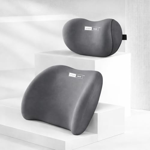 Image of Car Neck Rest Pillow & Lumbar Support Pillow - 100% Memory Foam Ultra Soft Car Seat Cushions | Relieves Neck & Back Pain While Reducing Driving Fatigue (Grey)