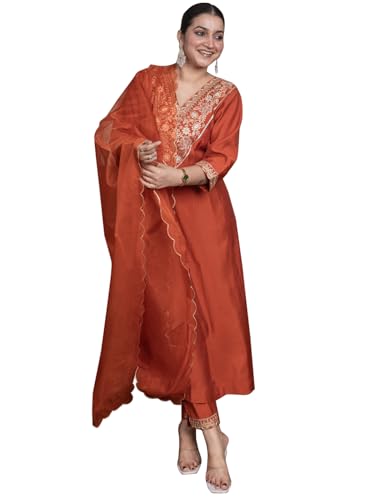Image of VredeVogel Women's Silk Blend Embroidered Anarkali Kurta with Pant & Dupatta Set | Festive & Casual Women Ethnic Kurta Set for Women