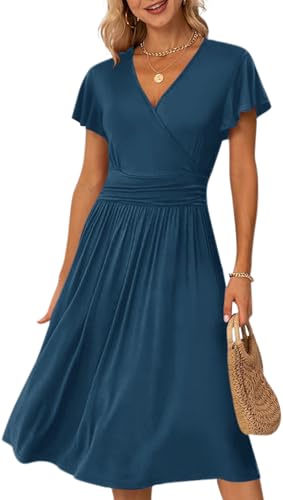 Image of Women's Casual Summer Dress V Neck Short Sleeve Flowy Stretchy Comfort Fit for Daily Wear Work Midi Dresses