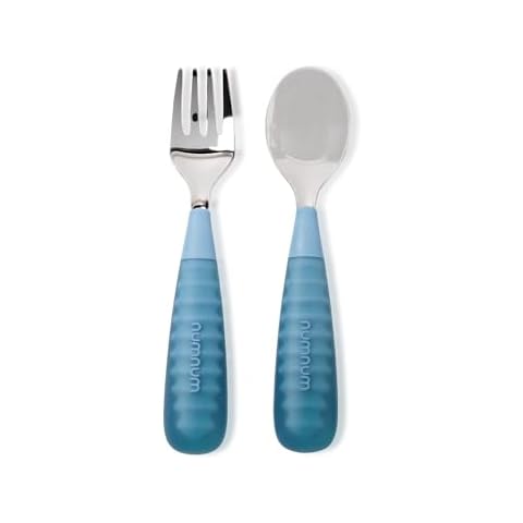 NumNum Toddler Utensils, Pre-Spoon, Fork & Spoon GOOtensils - 4th Stage Silverware Feeding Kids Aged 2+ Years w/Stainless Steel Heads - Silicone Food Feeding Supplies - Set of 2, Pacific Blue Cover