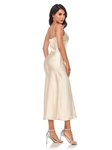 Image of Women's Spaghetti Strap Midi Satin Silk Dresses Slip Cowl Neck Party Cocktail Evening Sexy Dress