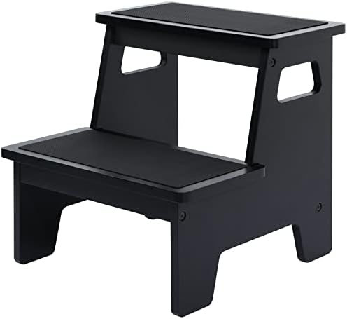 Kids Step Stools for Toddlers Bathroom Wood Toddler Step Stool Kitchen Counter Sink Baby Stepstools Bamboo Wooden Foot Bed Stool for Child Potty Training Toilet Stool Stepping Stool, Black with Pads