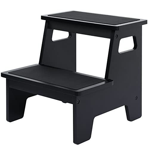 Kids Step Stools For Toddlers Bathroom Wood Toddler Step Stool Kitchen Counter Sink Baby Stepstools Bamboo Wooden Foot Bed Stool For Child Potty Training Toilet Stool Stepping Stool, Black With Pads #TOP2