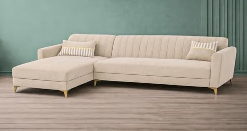 Image of Adorn India Premium Luster 6 Seater L Shape Sofa Set | Velvet Suede Fabric | 3-Year Warranty | LHS |Color Cream with Golden Legs & Striped Pattern Cushion