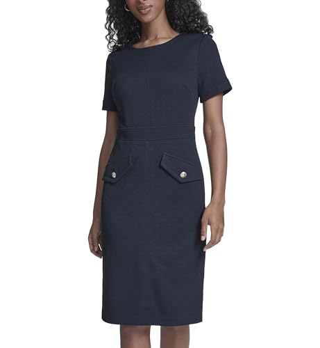 Image of Tommy Hilfiger Women's Short Sleeve Round Neck Novelty Button Tweed Mini Sheath Dress