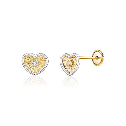 14k Yellow White Gold Heart Earrings Stud Post Sun Rays Design Simulated Diamond Safety Screwback Covered Back Closure