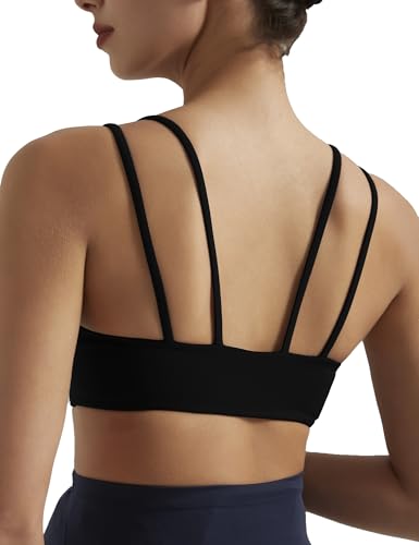 Image of Yoga Sports Workout Bras for Women Seamless Molded Cup Spaghetti Double Strap Bra Wirefree Scoop Neck Tank Top Bras