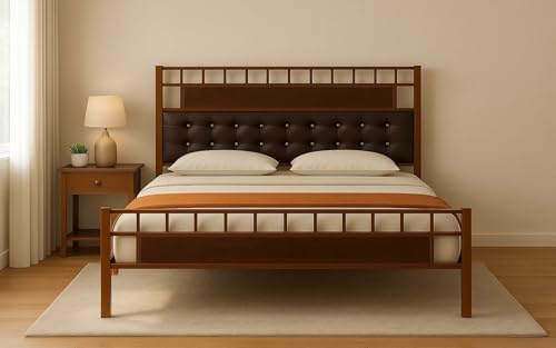 Image of Orvo Metal Queen Size Bed Without Storage | Wrought Iron Double Bed with Headboard & Footboard | Sturdy Powder Coated Platform Bed Queen Size Cot for BedroomLivingRoom Brown (75x60)