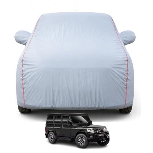 Image of Car Cover Compatible with Bolero 2011-2026 Models Waterproof All Weather Protection Mirror & Inner Cotton Triple Stitched Cover, Adjustable Belt Bottom Elastic (Dark Grey)