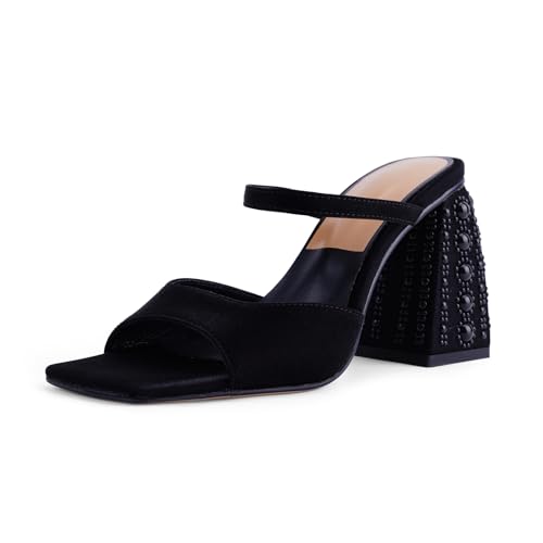 Women Chunky Heel Sandals Pearl Squared Toe Slip On Block Mid Heels Sandals For Wedding Dress Bride-