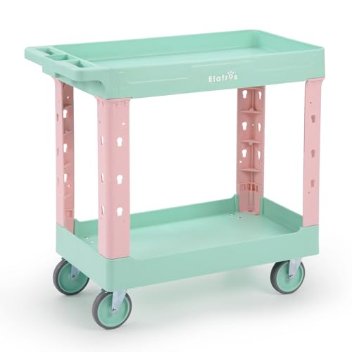Image of ELAFROS 2-Tier Rolling Utility Cart, 34 x 17 in Plastic Storage Cart with Deep Tub Shelves and Swivel Wheels, 550 lbs Capacity, Spring Pastel