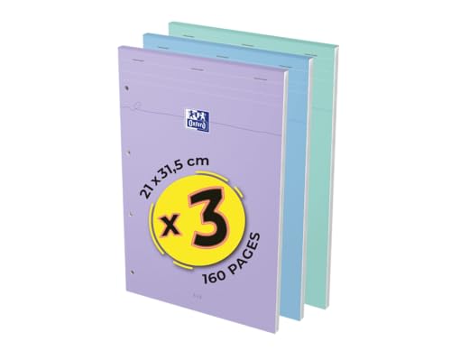 OXFORD Lot de 3 Blocs‐notes Smart Pastel A4+ 160 Pages 5x5 Agrafée Couverture Carte Souple Couleurs Assorties