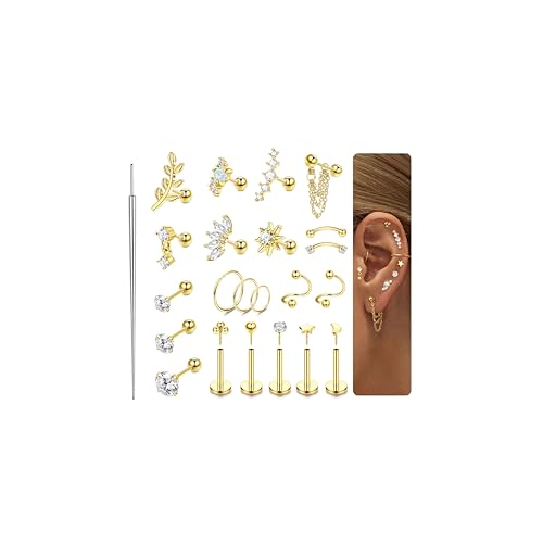 ORAZIO 16 Gauge Cartilage Earrings for Women-Hypoallergenic Surgical Stainless Steel Tragus Earring Set Threadless Flat Back Earrings Push in Nose Studs Daith Conch Tragus Helix Piercing Jewelry