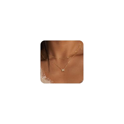 Poxtex Gold Initial Necklaces for Women 14K Gold Plated Letter M Jewelry Non Tarnish Layered Dainty Cute Pendant Choker Necklace Waterproof Trendy Name Necklace Personalized Jewelry Gift for Women