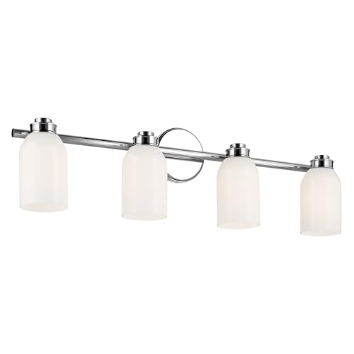 Image of Kichler Shae 4-Light Bathroom Vanity Light, Chrome | White opal glass vanity light for modern bathroom mirrors (32.25 inch x 9 inch), 55203CH