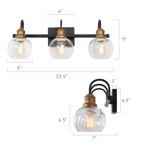Image of KSANA Farmhouse Bathroom Light Fixture, Modern Black Gold 3-Light Vanity Light with Opening Clear Glass Shade, Modern Antique Brass Wall Lamp Over Mirror