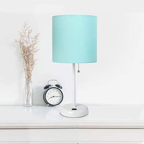 Limelights Lc2002-Aow-2Pk White Stick Lamp With Usb Charging Port And Aqua Fabric Shade 2 Pack Table Desk Lamp Set #TOP3