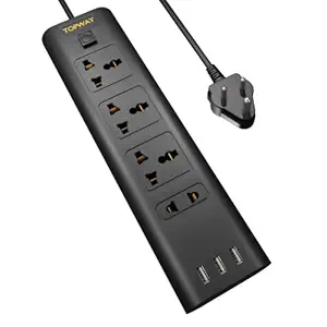 5 Meter Topway USB Power Strip Extension Cord with Spike Guard | Sleek Extension Board with 4 AC Power Socket 10A & 3 USB Port 2.4A - Max 2400w, Fire Retardant Cable Length 5m