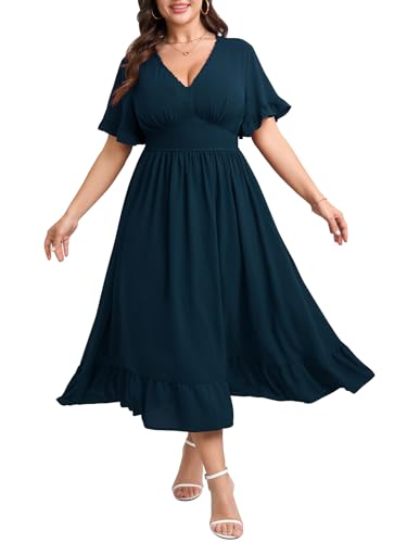 Women Plus Size V Neck Maxi Dress Short Sleeve Smocked Waist Ruffle Hem Flowy Summer Formal Wedding Guest Dresses4
