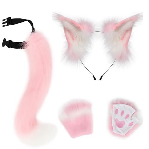 CROOOLTRRY Cat Fox Wolf Ears Gloves Poseable Tail Cos Anime Set For Family Bundle Halloween Cosplay (EGTSET02-Pinkwhite)