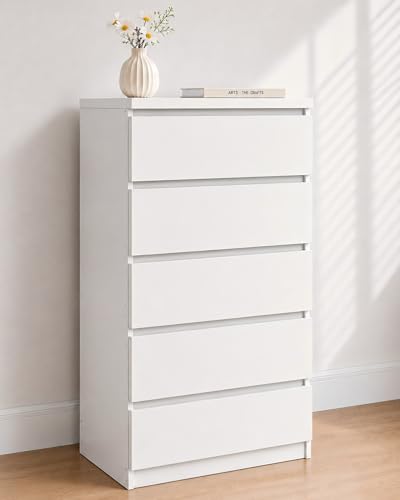 Soayone Cómoda Dormitorio 5 Cajones, Cajonera Blanca, Sinfonier Alto y Estrecho, Mueble Auxiliar para Dormitorio, Salón y Pasillo, 60 x 40 x 121 cm